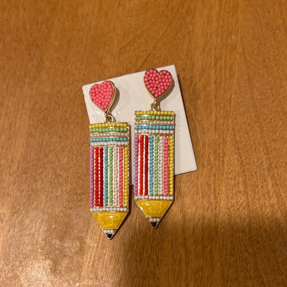 Colorful Beaded Pencil Dangle Earrings - Pink Heart Tops